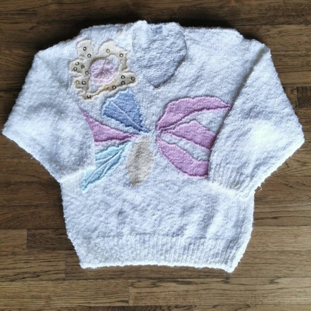 Vintage 80s Cottage Core White Pastel Sweater  Large